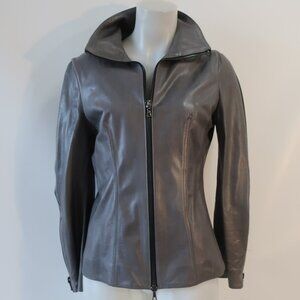 Womens Shari's Place Gray Black Zipper Motif Leather Jacket 8